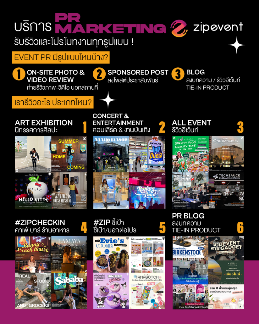 บริการ PR Marketing ของ Zipevent มีอะไรบ้าง? ช่วยโปรโมท รีวิวอีเว้นท์ เพิ่มยอดเอนเกจแบบครบวงจร! Zipevent