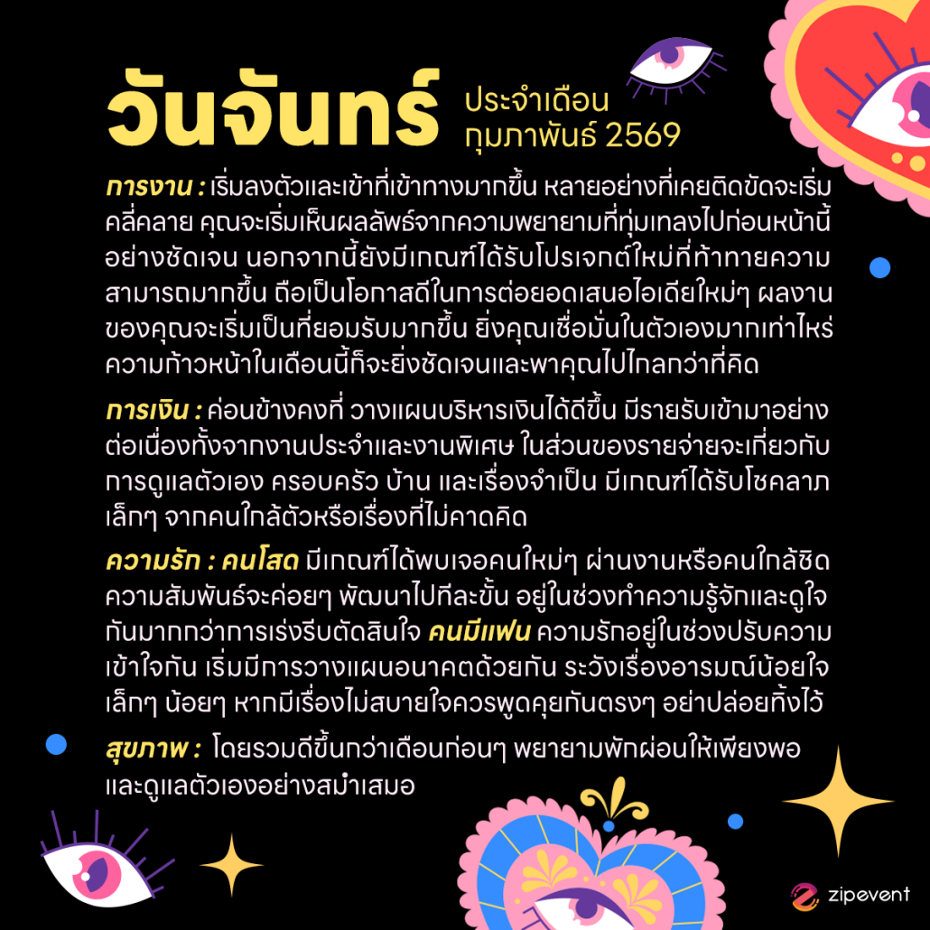 ดูดวงวันเกิด เดือนกุมภาพันธ์ 2569 ฟรี ! กับ Zipevent เช็กก่อนใคร